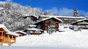 eine Lodge im Schnee mit schneebedeckten Gebäuden in der Unterkunft Apartment Weinberg in Kirchberg in Tirol