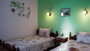 a bedroom with two beds and green walls at Lefteris Studios in Lefokastro