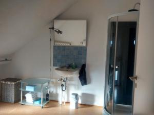 y baño con lavabo y espejo. en Herberge im "alten Pfarrhaus" in Schmergow am Havel-Radweg, en Schmergow
