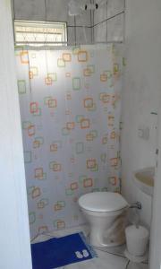 a bathroom with a toilet and a shower curtain at Pousada Dedo de Deus in Paraisópolis