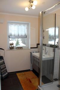 baño con lavabo y ventana en Ferienwohnung Geyer, en Penzing