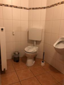 a bathroom with a toilet and a sink at Ferienwohnung am Leimsiederturm in Mühlhausen