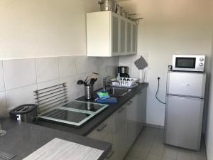a kitchen with a sink and a microwave and a refrigerator at Helle Wohnung mit Balkon in Pachten