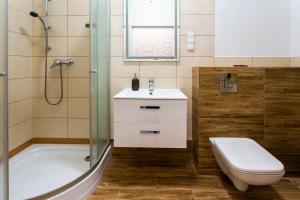 łazienka z toaletą, umywalką i prysznicem w obiekcie Apartament Rynek Sienny 1 w Szczecinie +16 zdjęć