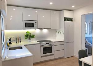 eine weiße Küche mit einer Spüle und einem Kühlschrank in der Unterkunft EXCLUSIVO Y LUMINOSO PISO EN EL PARQUE DEL RETIRO in Madrid