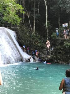 een groep mensen in het water bij een waterval bij Mystic Ridge Paradise in Ocho Rios