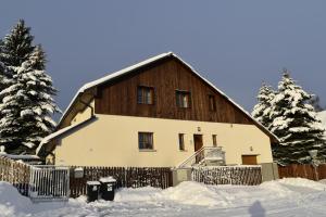 Jiřetín pod JedlovouにあるHaus Tolštejnの雪中の大木造家屋