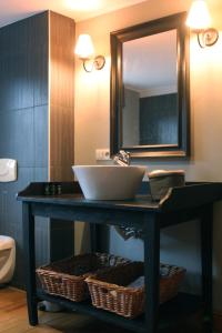 een badkamer met een wastafel en een spiegel bij Maison de charme à Crupet et le gîte la suite in Crupet