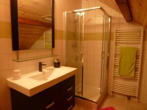 a bathroom with a sink and a shower at Le Rocher des Ducs, vue sur montagne avec parking voiture et motos in Le Glaizil
