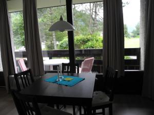 stół jadalny i krzesła z dużym oknem w obiekcie Apartment Stubnerkogelblick w mieście Bad Hofgastein