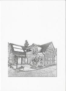 eine Bleistiftzeichnung eines Hauses in der Unterkunft Ferienwohnung Kluge in Markische Heide