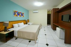 a hotel room with a bed and a flat screen tv at Aruanã Pousada in Jacumã