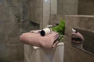 a bathroom with a shower and a toilet with towels at Apartament Słowiański 150 mtr do Plaży centralnie polożony przy głównej promenadzie in Ustka +25 photos