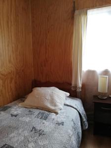 1 dormitorio con cama con almohada y ventana en Puesto Cánogas Hostal, en Villa O'Higgins