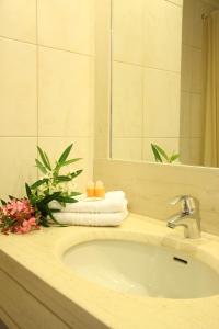 a bathroom counter with a sink and a mirror at Zakantha Beach in Argassi