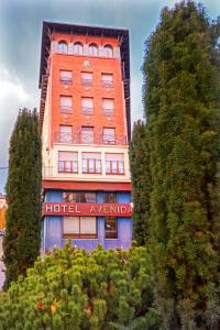 un edificio alto con un cartel de la agencia hotelera. en Hotel Avenida, en La Seu d'Urgell