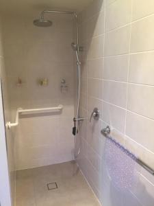 um chuveiro com uma porta de vidro na casa de banho em Trippypossums House em Horsham