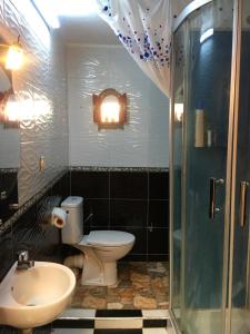 La salle de bains est pourvue de toilettes, d'un lavabo et d'une douche. dans l'établissement Dar El Karam, à Rabat