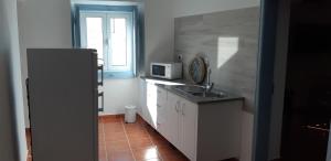 uma pequena cozinha com um lavatório e um micro-ondas em Casa Azul em Avis