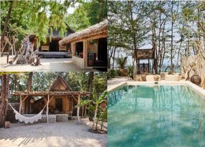 een collage van foto's van een huis en een zwembad bij The Island Houses Gili Meno in Gili Meno