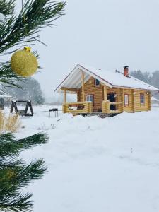 プシュキンスキエ・ゴリにあるCottage in Kirillovoの雪上のクリスマスツリーの丸太小屋