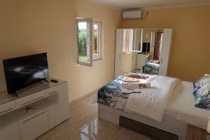 a bedroom with a bed and a flat screen tv at Apartments Leon Nin in Nin