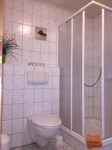 a white bathroom with a toilet and a shower at FeWo Lahnblick in Löhnberg