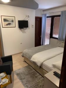 um quarto com uma cama e uma televisão na parede em Rooms Sanja em Kolašin