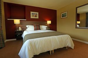 Pokój hotelowy z dużym łóżkiem i lustrem w obiekcie Newburgh Inn w mieście Ellon