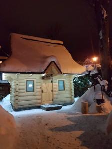 a small house covered in snow at night at Dadejówka Zakopane in Zakopane