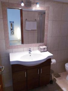 a bathroom with a sink and a mirror and a toilet at Irida Cottage in Vlachopoulátika