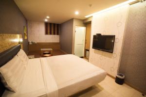 a hotel room with a bed and a tv at Love Hotel in Pingtung City