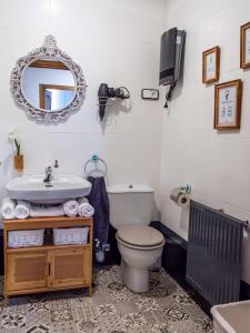 a bathroom with a sink and a toilet and a mirror at Toledo Mágico in Madridejos