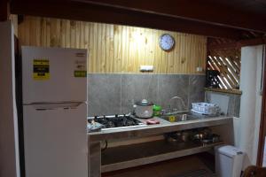 a kitchen with a stove and a sink and a refrigerator at Chalet Y Cabinas Hibiscus in Cahuita