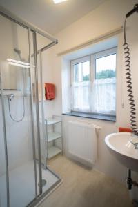 een badkamer met een douche en een wastafel bij Gasthof Staud'nwirt in Bad Aussee