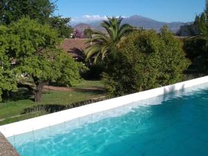 a blue swimming pool with trees and mountains in the background at Hotel Plaza Malloa in Malloa