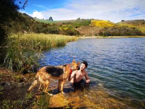 a man and a dog standing in a body of water at La cabaña de sol in Aquitania +38 photos