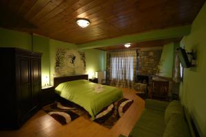 a bedroom with a green bed and a couch at Ta Petrina in Áno Khóra