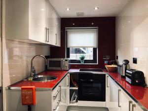 a kitchen with a sink and a microwave at 13 St Mary's Mews in Mold