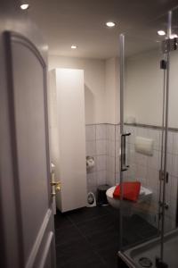 ein Badezimmer mit einem roten Kissen auf dem WC in der Unterkunft Almsternchen 2 - Almsternchen 3 in Oberstdorf