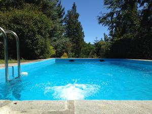 a swimming pool with blue water in a yard at Cabaña Los Abetos 2 in El Bolsón