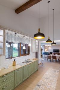 a kitchen with green cabinets and a living room at Luxury Chalet & Spa Tia Maria in Bansko