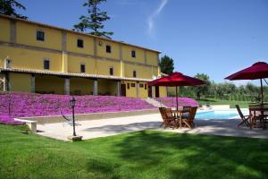 un edificio con mesas y sombrillas junto a una piscina en Agriturismo Villa Irelli, en Castellalto
