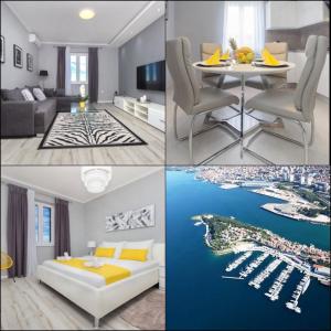 a collage of three pictures of a living room at Mandalina Suite in Šibenik