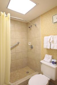 a bathroom with a toilet and a shower at Plaza Inn Midland in Midland