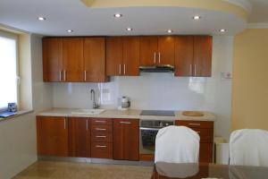a kitchen with wooden cabinets and a sink at Apartments Villa Ela in Umag