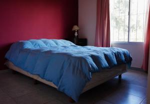 een bed met een blauw dekbed in een slaapkamer bij Complejo Los Olivos in San Rafael