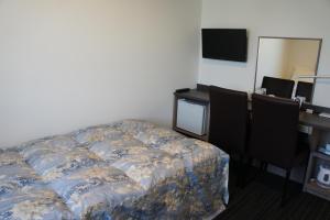 a hotel room with a bed and a desk and a television at Murayama Nishiguchi Hotel in Murayama +17 photos