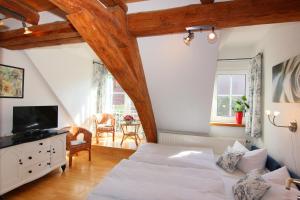 1 dormitorio con 1 cama y TV en una habitación en Pension im Vorhof, en Windelsbach