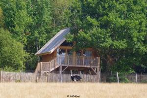 une maison avec une autruche debout devant une clôture dans l'établissement Les Lodges Du Reynou, à Le Vigen